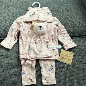 Floral Kids Pajama Set with Bear Toy